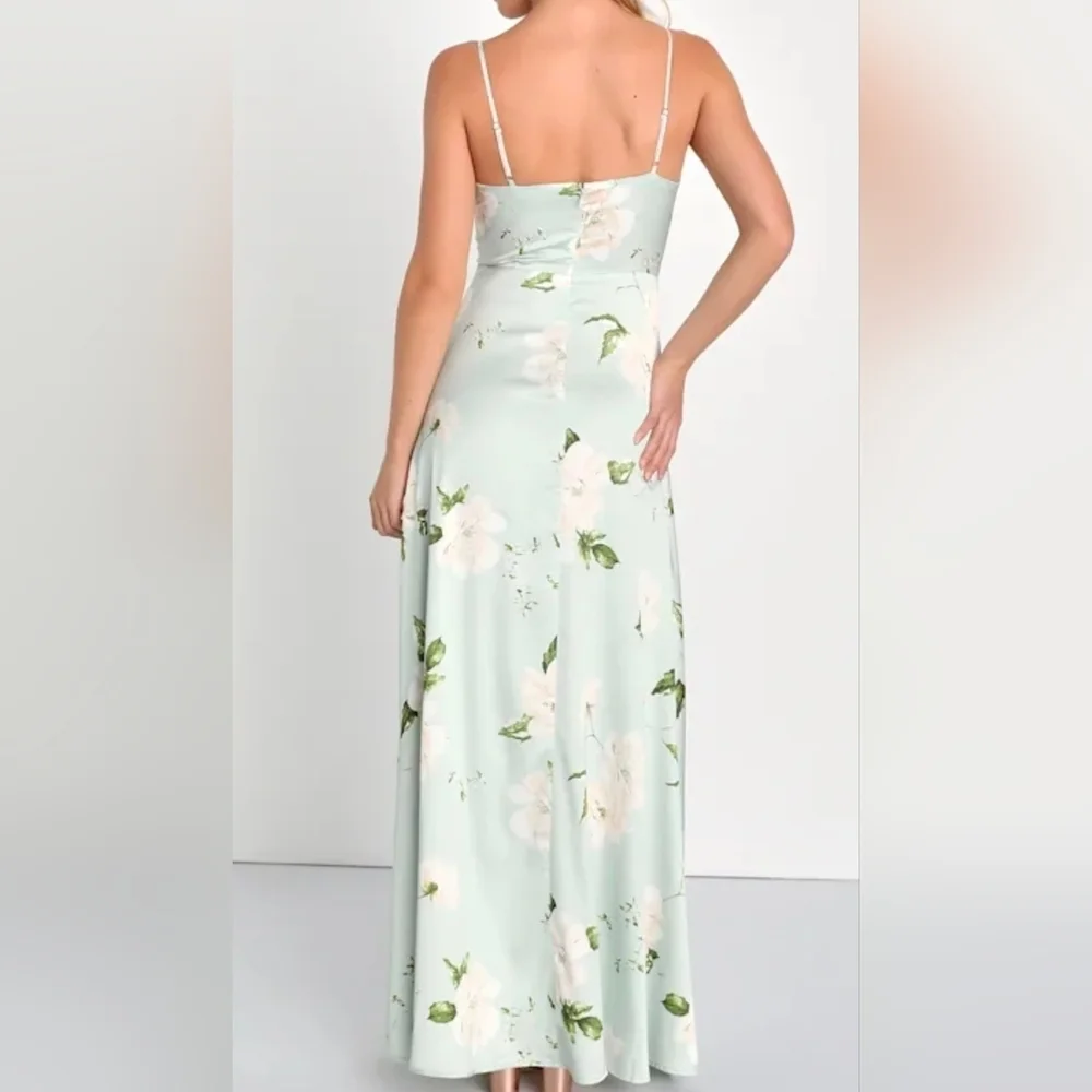 Lulus Radiant Occasion Light Green Mint Floral Satin A-Line Maxi Dress, Large